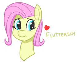 Size: 997x803 | Tagged: safe, artist:whitequartztheartist, character:fluttershy, species:pony, bust, female, heart, looking at you, mare, name, portrait, simple background, smiling, solo, three quarter view, white background
