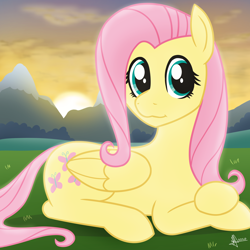 Size: 2048x2048 | Tagged: safe, artist:whitequartztheartist, character:fluttershy, species:pegasus, species:pony, female, folded wings, high res, looking at you, mare, mountain, outdoors, prone, solo, speedpaint available, sunrise, sunset, wings