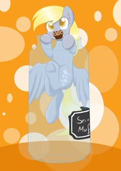 Size: 1024x1449 | Tagged: safe, artist:mimicproductions, character:derpy hooves, species:pegasus, species:pony, colored pupils, cute, derpabetes, female, food, jar, mare, mouth hold, muffin, orange background, pony in a bottle, simple background, solo