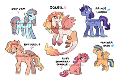Size: 3600x2400 | Tagged: safe, artist:dreamscapevalley, oc, oc only, oc:buttercup, oc:feather dash, oc:prince umbra, oc:princess soleil, oc:ruby shimmer-sparkle, oc:zap jam, parent:applejack, parent:big macintosh, parent:discord, parent:flash sentry, parent:fluttershy, parent:princess celestia, parent:princess luna, parent:rainbow dash, parent:sunburst, parent:sunset shimmer, parent:tempest shadow, parent:twilight sparkle, parents:appledash, parents:dislestia, parents:flashburst, parents:fluttermac, parents:sunsetsparkle, parents:tempestluna, species:alicorn, species:earth pony, species:pegasus, species:pony, species:unicorn, blank flank, colt, dappled, draconequus hybrid, ethereal mane, female, filly, freckles, hair accessory, hoof fluff, horn, horn jewelry, hybrid, interspecies offspring, jewelry, long feather, magical gay spawn, magical lesbian spawn, male, mare, necklace, next generation, offspring, simple background, stallion, unshorn fetlocks, watermark, white background