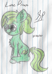 Size: 1524x2176 | Tagged: safe, artist:mlplayer dudez, oc, oc only, oc:lime dream, species:pony, species:unicorn, chest fluff, colored, ear fluff, female, fluffy, glasses, happy, leg fluff, mare, request, signature, sitting, smiling, solo, traditional art