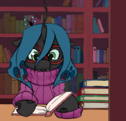 Size: 800x768 | Tagged: safe, artist:aisureimi, artist:trickynicky, edit, character:queen chrysalis, species:changeling, g4, adorkable, book, bookshelf, changeling queen, clothing, cute, cute little fangs, cutealis, dork, dorkalis, fangs, female, focused, glasses, insect, library, meganekko, nerd, reading, solo, sweater, sweater dress, turtleneck