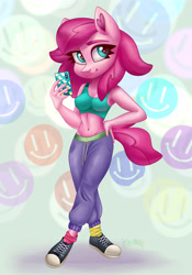 Size: 3500x5000 | Tagged: safe, artist:irinamar, oc, oc only, oc:holivi, species:anthro, belly button, clothing, converse, female, midriff, pants, shoes, sneakers, solo, sports bra, sweatpants