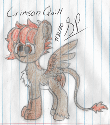 Size: 2016x2284 | Tagged: safe, artist:mlplayer dudez, oc, oc only, oc:quill, g4, chest fluff, colored, cute, happy, leg fluff, paws, signature, smiling, solo, standing, traditional art, wings
