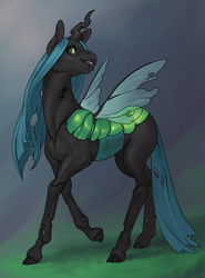 Size: 1766x2390 | Tagged: safe, artist:oops, character:queen chrysalis, species:changeling, g4, changeling queen, digital art, fangs, female, grass, hooves, horn, solo, wings
