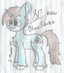 Size: 1900x2152 | Tagged: safe, artist:mlplayer dudez, oc, oc only, species:pony, species:unicorn, g4, chest fluff, cute, ear fluff, fluffy, happy, leg fluff, male, signature, smiling, solo, stallion, standing, traditional art