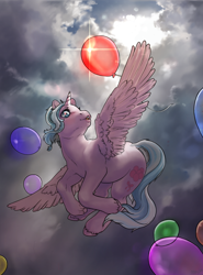 Size: 1766x2390 | Tagged: safe, artist:oops, oc, oc only, oc:effy, species:alicorn, species:pony, g4, balloon, cloud, cloudy, digital art, flying, hooves, horn, sky, solo, wings