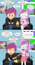 Size: 1920x3467 | Tagged: safe, artist:phantomshadow051, character:scootaloo, character:sweetie belle, ship:scootabelle, g4, my little pony:equestria girls, female, isabelle (animal crossing), lesbian, mini comic, motion blur, plushie, shipping, video game