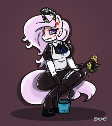 Size: 1141x1277 | Tagged: safe, artist:n-o-n, character:fleur-de-lis, species:anthro, species:pony, species:unguligrade anthro, species:unicorn, g4, blushing, bucket, clothing, cross-popping veins, crouching, dress, female, hairclip, horn, horn ring, maid, maid headdress, ring, solo, sponge, squatting