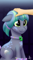 Size: 1080x1920 | Tagged: safe, artist:whitequartztheartist, oc, oc:conspiracy theory, species:earth pony, species:human, species:pony, g4, bracelet, collar, female, jewelry, mare, petting, solo, wristband