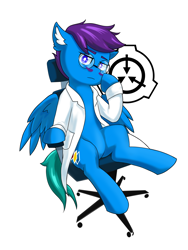 Size: 3120x4160 | Tagged: safe, artist:ninebuttom, oc, oc:dr.picsell dois, species:pegasus, species:pony, g4, clothing, facial hair, glasses, lab coat, male, moustache, office chair, scp, scp foundation, simple background, solo, stallion
