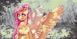 Size: 3390x1715 | Tagged: safe, artist:holka13, character:fluttershy, species:pegasus, species:pony, g4, alternate hairstyle, female, hair bun, mare, older, older fluttershy, solo, spread wings, wings
