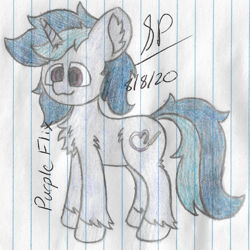Size: 2060x2064 | Tagged: safe, artist:mlplayer dudez, oc, oc only, oc:purple flix, species:pony, species:unicorn, g4, chest fluff, colored, cute, ear fluff, fluffy, happy, leg fluff, male, signature, smiling, solo, stallion, standing, traditional art