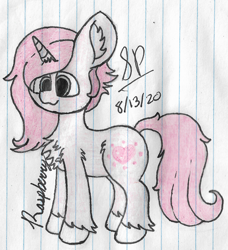 Size: 1984x2176 | Tagged: safe, artist:mlplayer dudez, oc, oc only, species:pony, species:unicorn, g4, chest fluff, ear fluff, female, happy, leg fluff, lined paper, mare, signature, smiling, solo, standing, traditional art