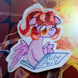 Size: 1461x1461 | Tagged: safe, artist:twilightcomet, oc, oc only, oc:ruby perl, species:pegasus, species:pony, g4, abstract background, blush sticker, blushing, bust, computer, laptop computer, pegasus oc, solo, wings