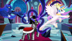 Size: 1920x1080 | Tagged: safe, artist:whitequartztheartist, character:king sombra, character:princess celestia, character:princess luna, species:alicorn, species:pony, species:unicorn, g4, action pose, dark magic, female, fight, kick, kicking, magic, male, martial arts, tentacles, throne room