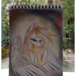 Size: 1080x1080 | Tagged: safe, artist:jonny_flex69, oc, oc only, species:pegasus, species:pony, g4, bedroom eyes, bust, eyelashes, grin, irl, makeup, pegasus oc, photo, smiling, solo, traditional art, wings