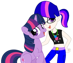 Size: 876x762 | Tagged: safe, artist:lullabyprince, artist:mlp-lolada, base used, character:twilight sparkle, character:twilight sparkle (unicorn), species:human, species:pony, species:unicorn, g4, alternate hairstyle, belt, clothing, female, glasses, human ponidox, humanized, jeans, jewelry, mare, midriff, necklace, open mouth, pants, ponidox, ponytail, raised hoof, self paradox, self ponidox, simple background, tank top, transparent background