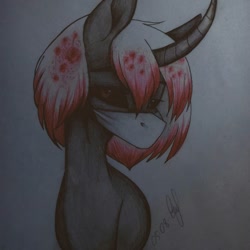 Size: 1080x1080 | Tagged: safe, artist:jonny_flex69, oc, oc only, species:pony, species:unicorn, g4, bust, curved horn, face mask, horn, signature, solo, traditional art, unicorn oc