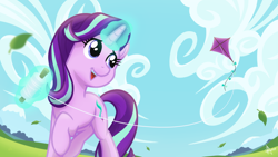 Size: 1920x1080 | Tagged: safe, artist:whitequartztheartist, character:starlight glimmer, species:pony, species:unicorn, g4, cute, female, glimmerbetes, kite, magic, mare, solo, that pony sure does love kites