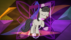 Size: 3840x2160 | Tagged: safe, artist:floppychiptunes, artist:laszlvfx, edit, character:octavia melody, species:earth pony, species:pony, g4, cutie mark, eyes closed, female, high res, mare, necktie, open mouth, pointing at self, singing, solo, wallpaper, wallpaper edit