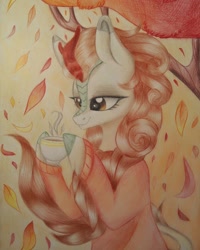 Size: 1080x1350 | Tagged: safe, artist:jonny_flex69, character:autumn blaze, species:kirin, g4, bust, clothing, cup, female, leaves, smiling, solo, traditional art, tree