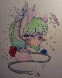 Size: 1080x1344 | Tagged: safe, artist:jonny_flex69, oc, oc only, species:pony, g4, bust, chains, flower, flower in hair, horns, leash, solo, traditional art