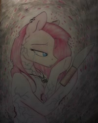 Size: 1080x1350 | Tagged: safe, artist:jonny_flex69, character:pinkamena diane pie, character:pinkie pie, species:earth pony, species:pony, g4, bust, female, hoof hold, jewelry, knife, mare, necklace, traditional art