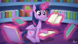Size: 1920x1080 | Tagged: safe, artist:whitequartztheartist, character:twilight sparkle, character:twilight sparkle (alicorn), species:alicorn, species:pony, g4, book, female, magic, solo, that pony sure does love books