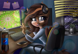 Size: 5000x3500 | Tagged: safe, artist:irinamar, oc, oc only, species:anthro, species:bat pony, g4, chair, commission, computer, headphones, phone, snow, snowfall, solo, window, ych result, your character here