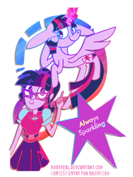 Size: 600x800 | Tagged: safe, artist:twilightcomet, character:twilight sparkle, character:twilight sparkle (alicorn), character:twilight sparkle (scitwi), species:alicorn, species:eqg human, species:pony, g4, my little pony:equestria girls, clothing, duo, female, flying, glowing horn, horn, human ponidox, mare, ponidox, self ponidox, simple background, skirt, smiling, text, transparent background, twolight