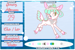 Size: 1194x800 | Tagged: safe, artist:twilightcomet, base used, oc, oc only, species:deer, species:pony, g4, closed species, female, original species, pond pony, reference sheet, saddle, story included, tack, unshorn fetlocks