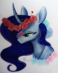 Size: 1080x1351 | Tagged: safe, artist:jonny_flex69, character:princess luna, species:alicorn, species:pony, g4, bust, crying, curved horn, ethereal mane, female, floral head wreath, flower, galaxy mane, horn, mare, signature, solo, traditional art