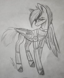 Size: 1080x1320 | Tagged: safe, artist:jonny_flex69, character:rainbow dash, species:pegasus, species:pony, g4, alternate timeline, amputee, apocalypse dash, armor, artificial wings, augmented, biohacking, crystal war timeline, eye scar, eyepatch, female, grayscale, lineart, mare, monochrome, prosthetic limb, prosthetic wing, prosthetics, scar, solo, traditional art, wings