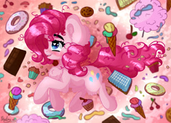 Size: 2500x1800 | Tagged: safe, artist:kindny-chan, character:pinkie pie, species:pony, g4, chocolate, cupcake, donut, food, ice cream, muffin