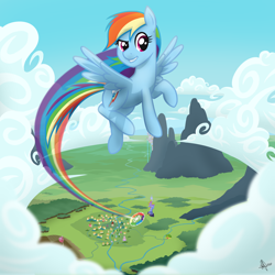 Size: 2048x2048 | Tagged: safe, artist:whitequartztheartist, character:rainbow dash, species:pegasus, species:pony, g4, my little pony: friendship is magic, canterlot, cloud, female, flying, mare, ponyville, rainbow trail, solo, sonic rainboom, twilight's castle