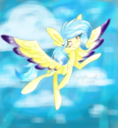 Size: 945x1029 | Tagged: safe, artist:twilightcomet, oc, oc only, species:pegasus, species:pony, g4, cloud, eyelashes, female, flying, mare, outdoors, pegasus oc, solo, wings
