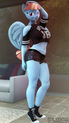Size: 2160x3840 | Tagged: safe, artist:foxventus, character:windy whistles, species:anthro, species:pegasus, species:plantigrade anthro, species:pony, g4, 3d, arm behind head, belly button, breasts, busty windy whistles, clothing, converse, female, looking back, midriff, milf, shirt, shoes, source filmmaker