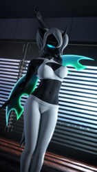 Size: 2160x3840 | Tagged: safe, artist:jacob_lhh3, oc, oc:dragonfly, species:anthro, species:changeling, g4, 3d, changeling oc, clothing, female, glowing eyes, glowing wings, indoors, nexgen, pants, ponytail, solo, source filmmaker, stretching, tattoo, window, wings, yawn, yoga pants