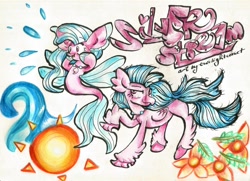 Size: 1891x1369 | Tagged: safe, artist:twilightcomet, character:silverstream, species:classical hippogriff, species:hippogriff, species:pony, species:seapony (g4), g4, duality, duo, female, flower, jewelry, necklace, sun, traditional art