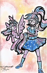 Size: 1280x1989 | Tagged: safe, artist:twilightcomet, character:twilight sparkle, character:twilight sparkle (alicorn), character:twilight sparkle (scitwi), species:alicorn, species:eqg human, species:pony, g4, my little pony:equestria girls, abstract background, clothing, duality, duo, female, glasses, human ponidox, mare, ponidox, raised hoof, redraw, self ponidox, skirt, smiling, traditional art, twolight