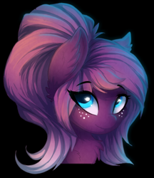 Size: 346x400 | Tagged: safe, artist:a-lunar-eclipse, oc, oc only, species:pony, g4, bust, ear fluff, eye clipping through hair, female, freckles, looking at you, mare, portrait, purple, smiling