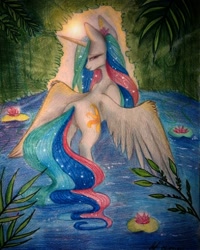 Size: 1080x1350 | Tagged: safe, artist:jonny_flex69, character:princess celestia, species:alicorn, species:pony, g4, female, lily pad, looking at you, looking back, looking back at you, mare, pond, solo, traditional art
