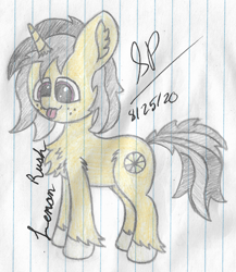 Size: 2024x2336 | Tagged: safe, artist:mlplayer dudez, oc, oc only, oc:lemon rush, species:pony, species:unicorn, g4, blep, chest fluff, cute, dilated pupils, ear fluff, female, happy, leg fluff, mare, signature, smiling, solo, standing, tongue out, traditional art