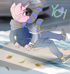 Size: 3800x4000 | Tagged: safe, artist:irinamar, screencap, species:alicorn, species:anthro, species:earth pony, species:pegasus, species:pony, species:unicorn, g4, car, clothing, commission, female, ice, leaves, scarf, slipping, solo, your character here, your character here auction