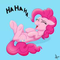 Size: 2048x2048 | Tagged: safe, artist:whitequartztheartist, character:pinkie pie, species:earth pony, species:pony, g4, blue background, eyes closed, female, floppy ears, laughing, lying down, on back, pink mane, simple background, solo
