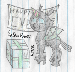 Size: 2007x1938 | Tagged: safe, artist:mlplayer dudez, oc, oc only, species:changeling, g4, banner, birthday, clothing, cute, fangs, happy, hat, lined paper, party hat, present, signature, smiling, solo, standing, traditional art