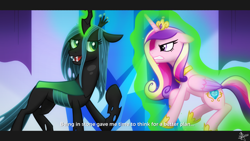 Size: 1920x1080 | Tagged: safe, artist:whitequartztheartist, character:princess cadance, character:queen chrysalis, species:alicorn, species:changeling, species:pony, g4, black, changeling queen, crystal empire, female, magic, pink
