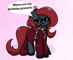 Size: 1250x1023 | Tagged: safe, artist:n-o-n, oc, oc:jessi-ka, species:pony, g4, birthday, brat, clothing, dress, female, louis vuitton, mare, rich, serious, solo, spoiled, sunglasses