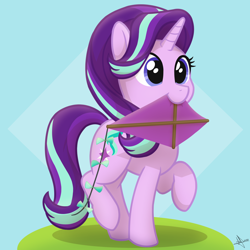 Size: 2048x2048 | Tagged: safe, artist:whitequartztheartist, character:starlight glimmer, species:pony, species:unicorn, g4, cute, female, glimmerbetes, kite, mare, mouth hold, purple mane, solo, that pony sure does love kites